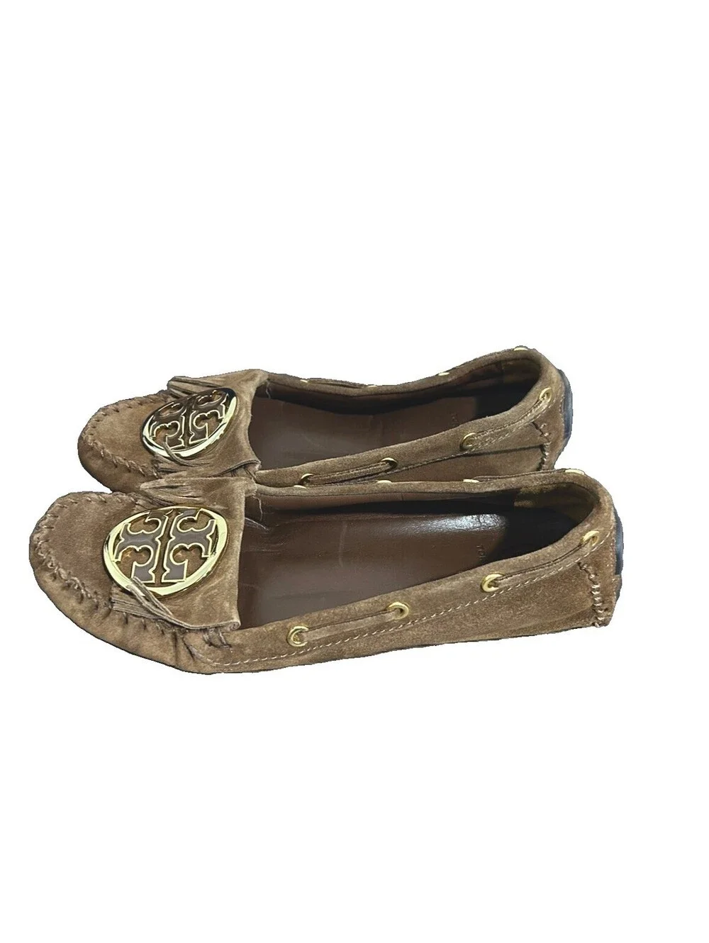 Tory Burch Alexandra Brown Suede Moccasin Loafer Gold Medallion Women's 8M